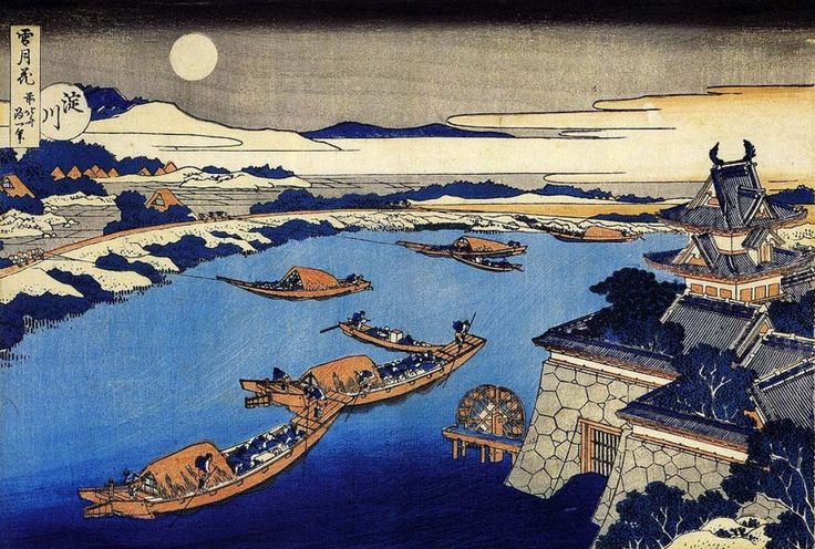 Hokusai - La Lune au-dessus du fleuve Yodo et du château d’Osaka
